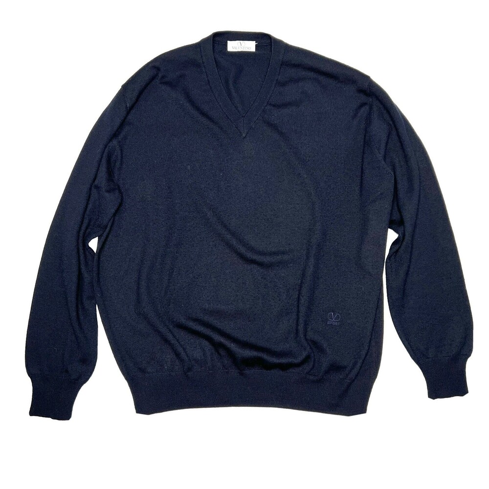 Vintage Valentino Mens Wool V Neck Sweater Size XL Navy